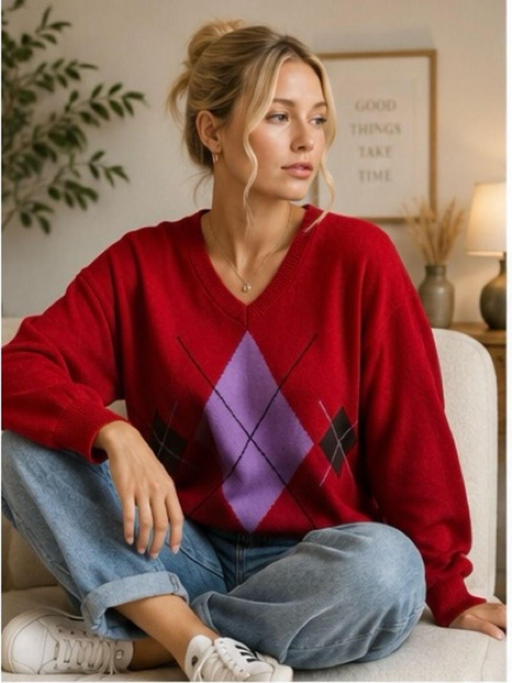 BDG Urban Outfitters Red Argyle Sweater Oversized V-Neck Small NWT